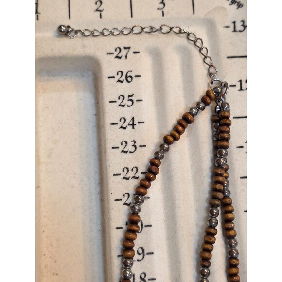 Three-Layer Wooden & Turquoise Bead Necklace With Silver‎ Accents - Picture 3 of 5